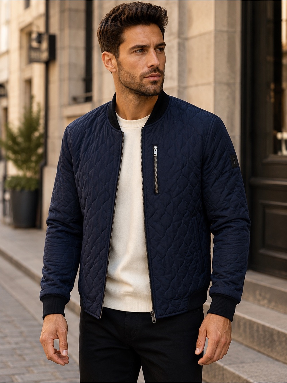 ROCKANDBLUE Men’s M Navy Quilted Bomber Jacket Utility Zip Lightweight